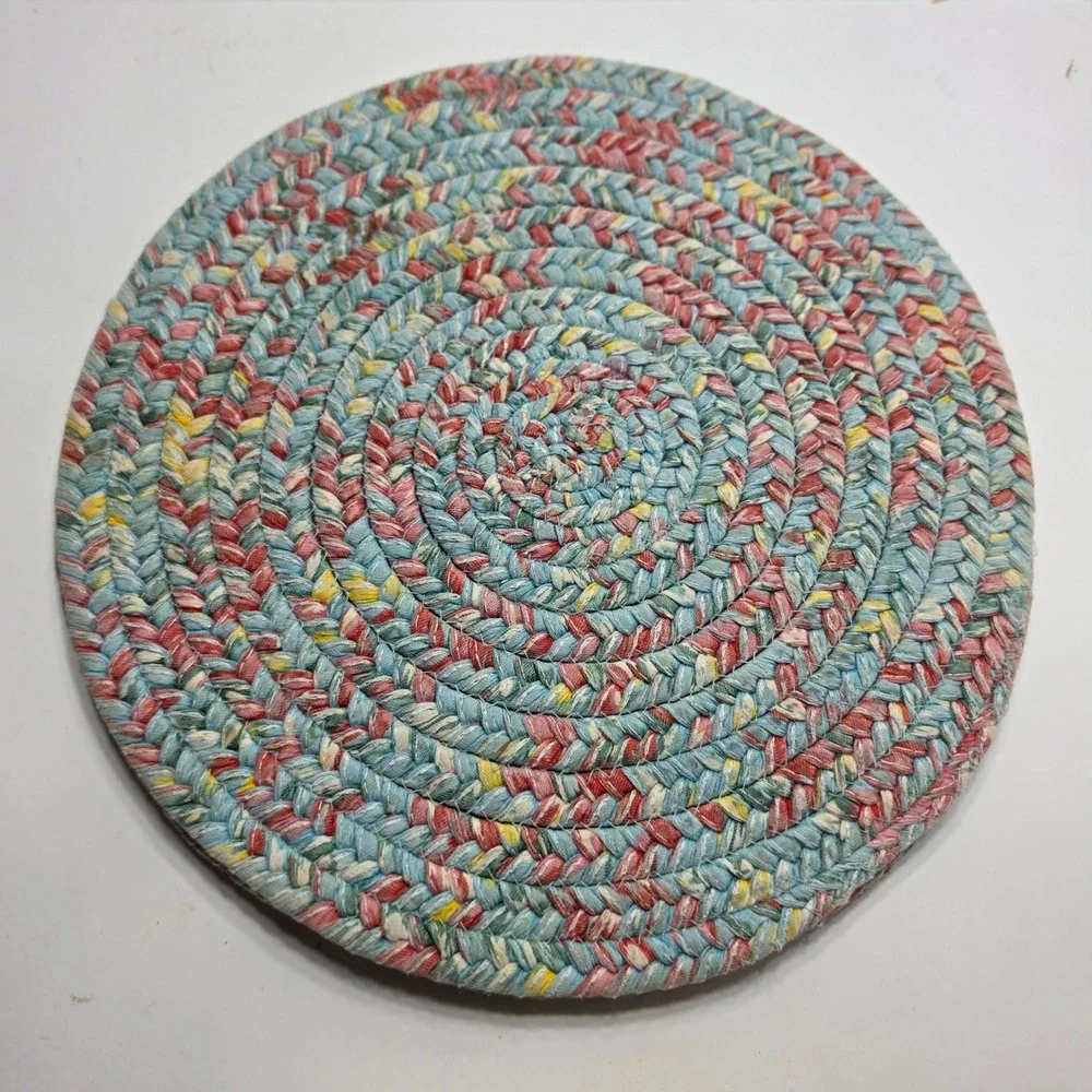 Set of 4 Braided Round Placemats Multi-Color Blue Red Yellow 15 Inch Farmhouse